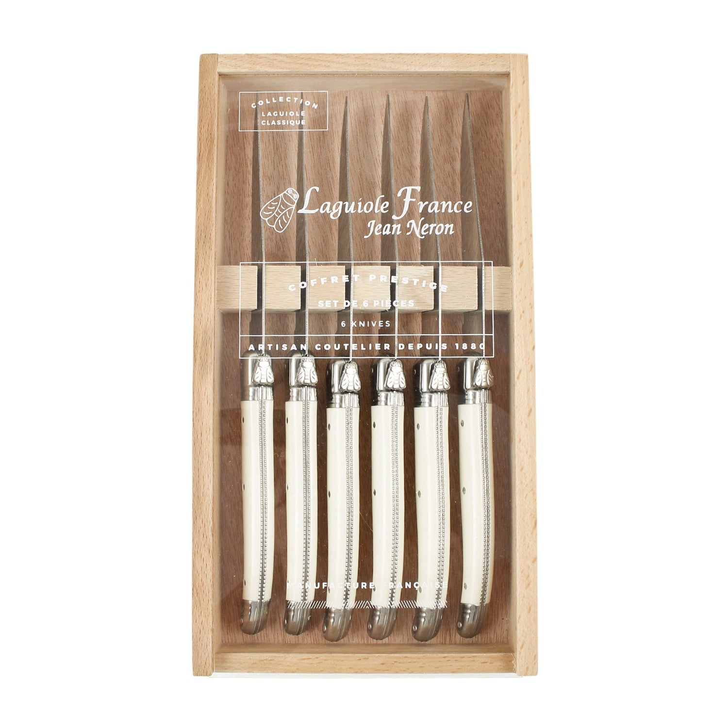 Laguiole 6 Piece Steak Knife Set, Platine Ivory in Wood Box with Acrylic Lid