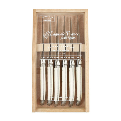 Laguiole 6 Piece Steak Knife Set, Platine Ivory in Wood Box with Acrylic Lid