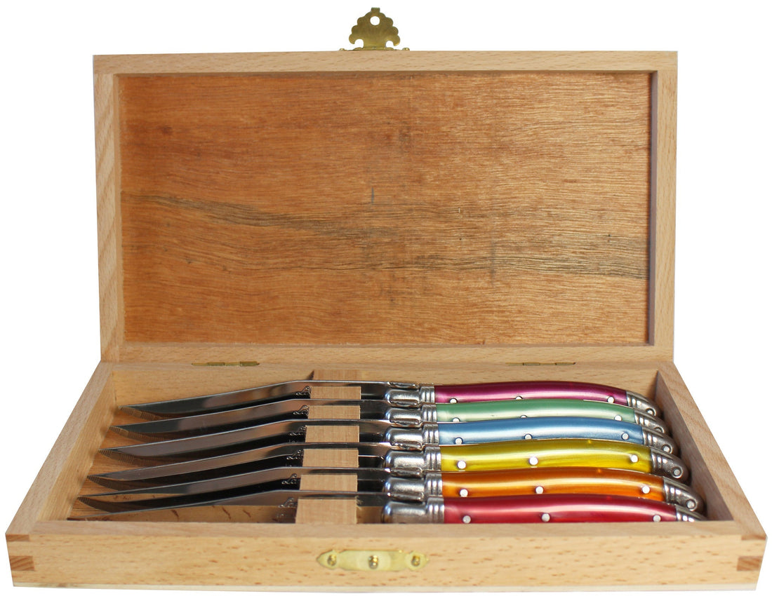 Laguiole 6 Piece Steak Knife Set, Rain bow in Wood Presentation Box