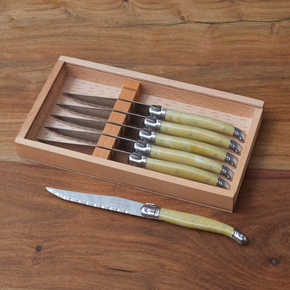 Laguiole 6 Piece Steak Knife Set, Pale Horn in Wood Box with Acrylic Lid
