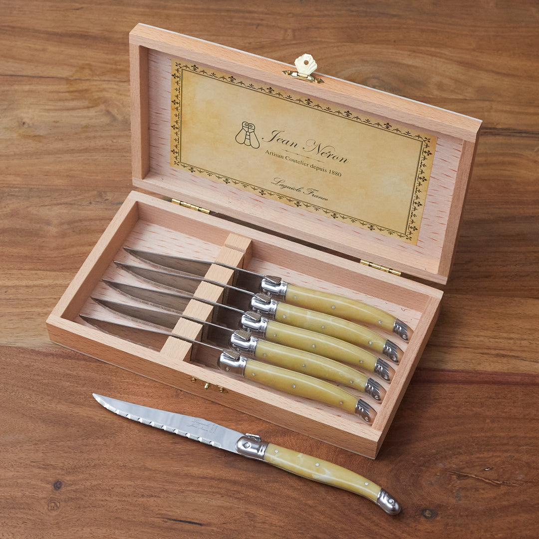 Laguiole 6 Piece Steak Knife Set, Pale Horn in Wood Presentation Box