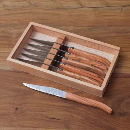 Laguiole 6 Piece Steak Knife Set, Olivewood in Wood Box with Acrylic Lid
