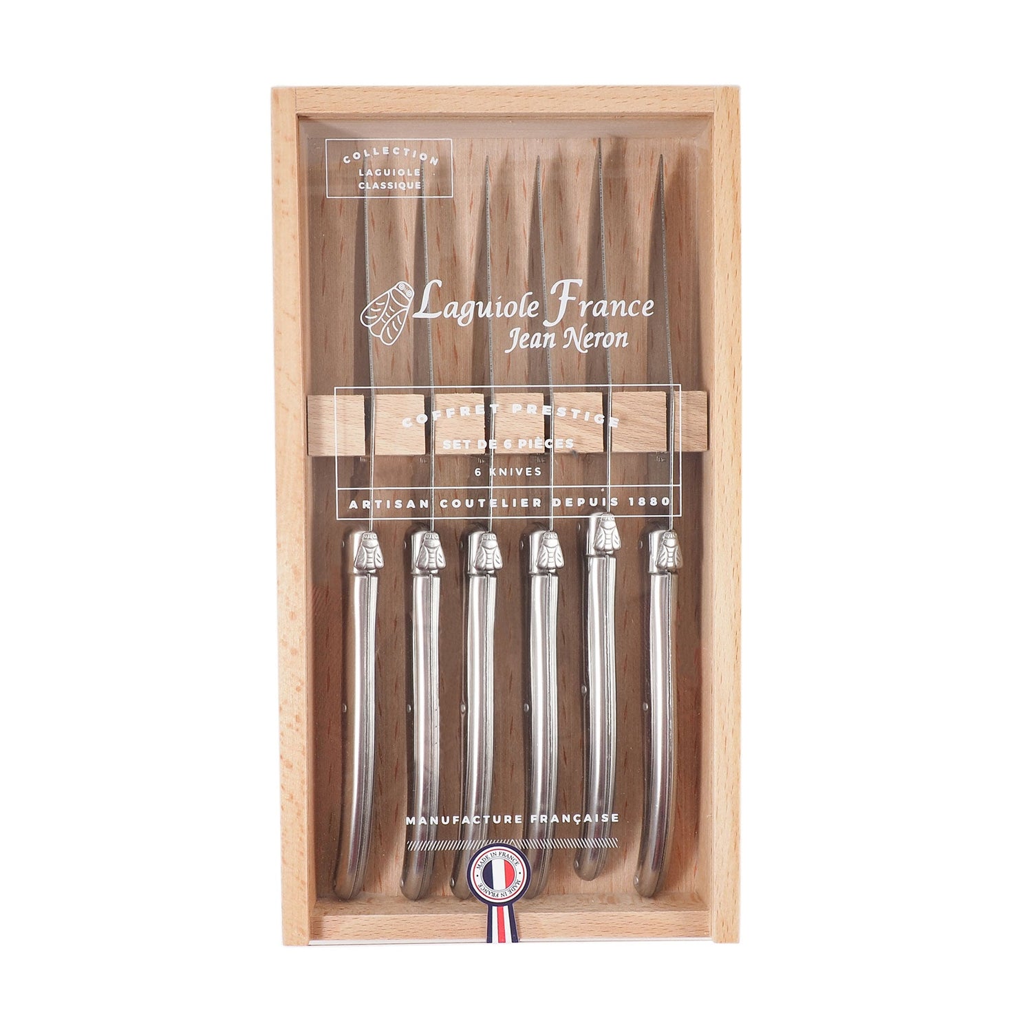 Laguiole Stainless Steel Knives in Wooden Box with Acrylic Lid (Set of 6) Cutlery Laguiole Brand_Laguiole Flatware Sets Kitchen_Dinnerware Kitchen_Kitchenware Laguiole 7900-63540M_SS_AL-Laguiole-Stainless-Steel-Knives-in-Wooden-Box-with-Acrylic-Lid-_Set-of-6__edit