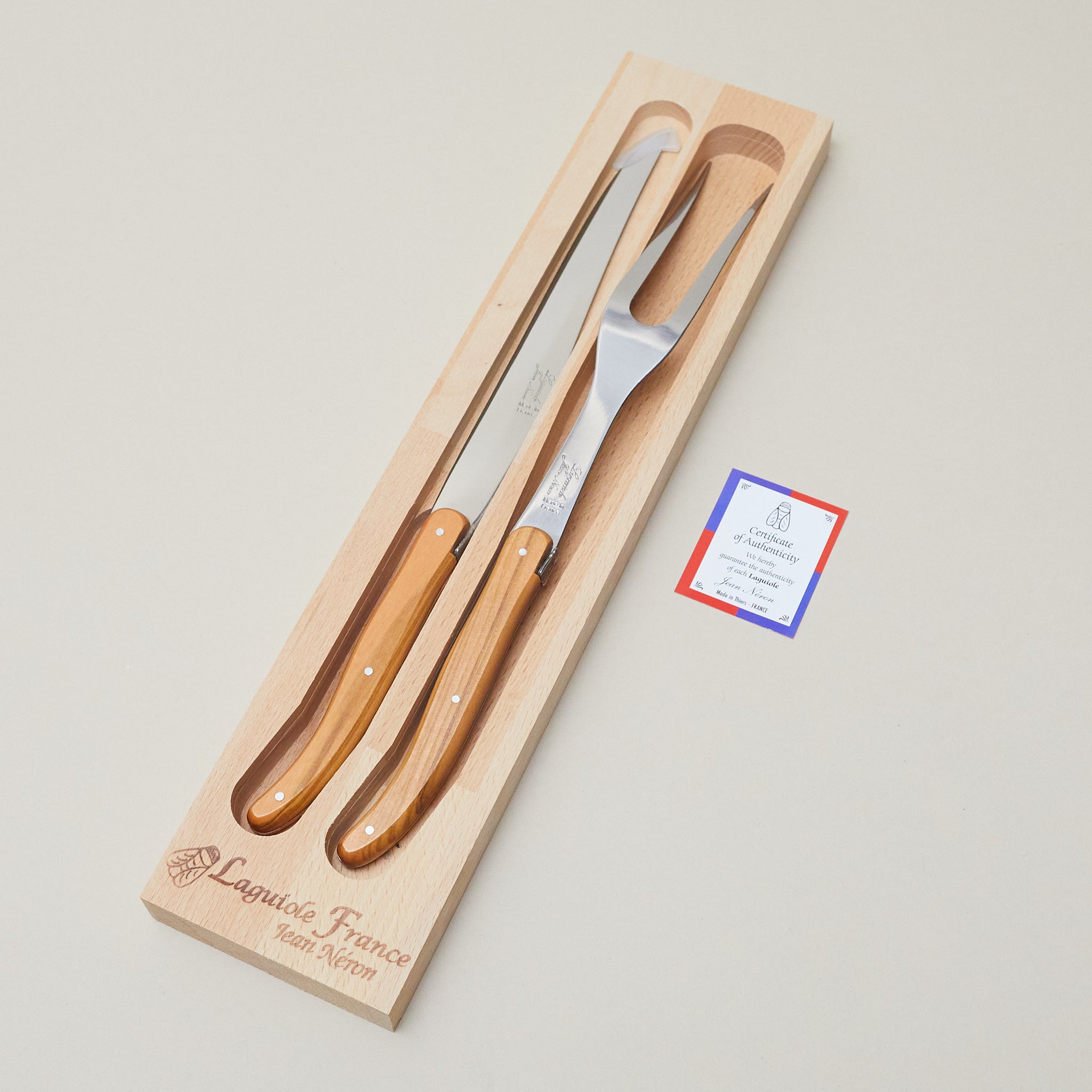 Laguiole Carving set in machine finished Olivewood - wood flat