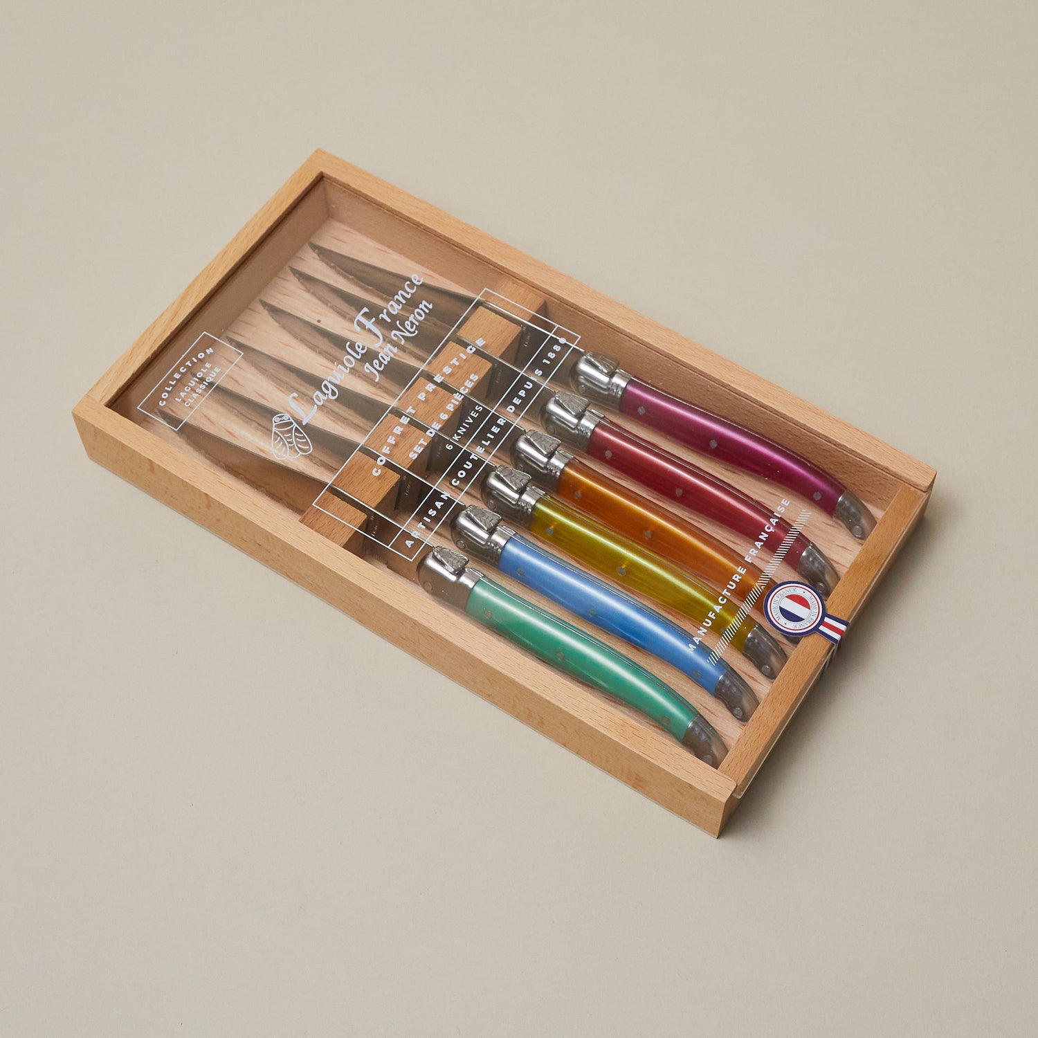 Laguiole 6 Piece Steak Knife Set, Rainbow in Wood Box with Acrlyic Lid