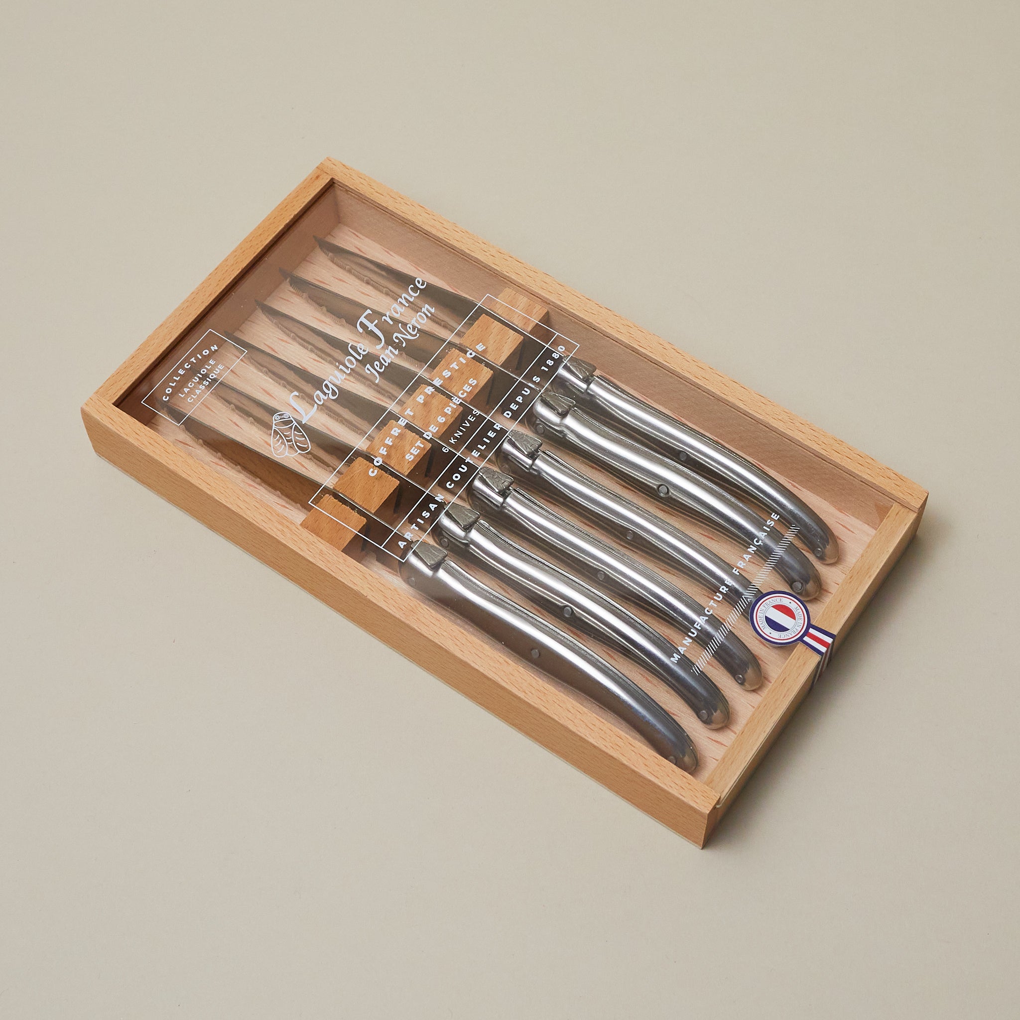 Laguiole 6 Piece Steak Knife Set, Stainless Steel in Wood Box with Acrylic Lid