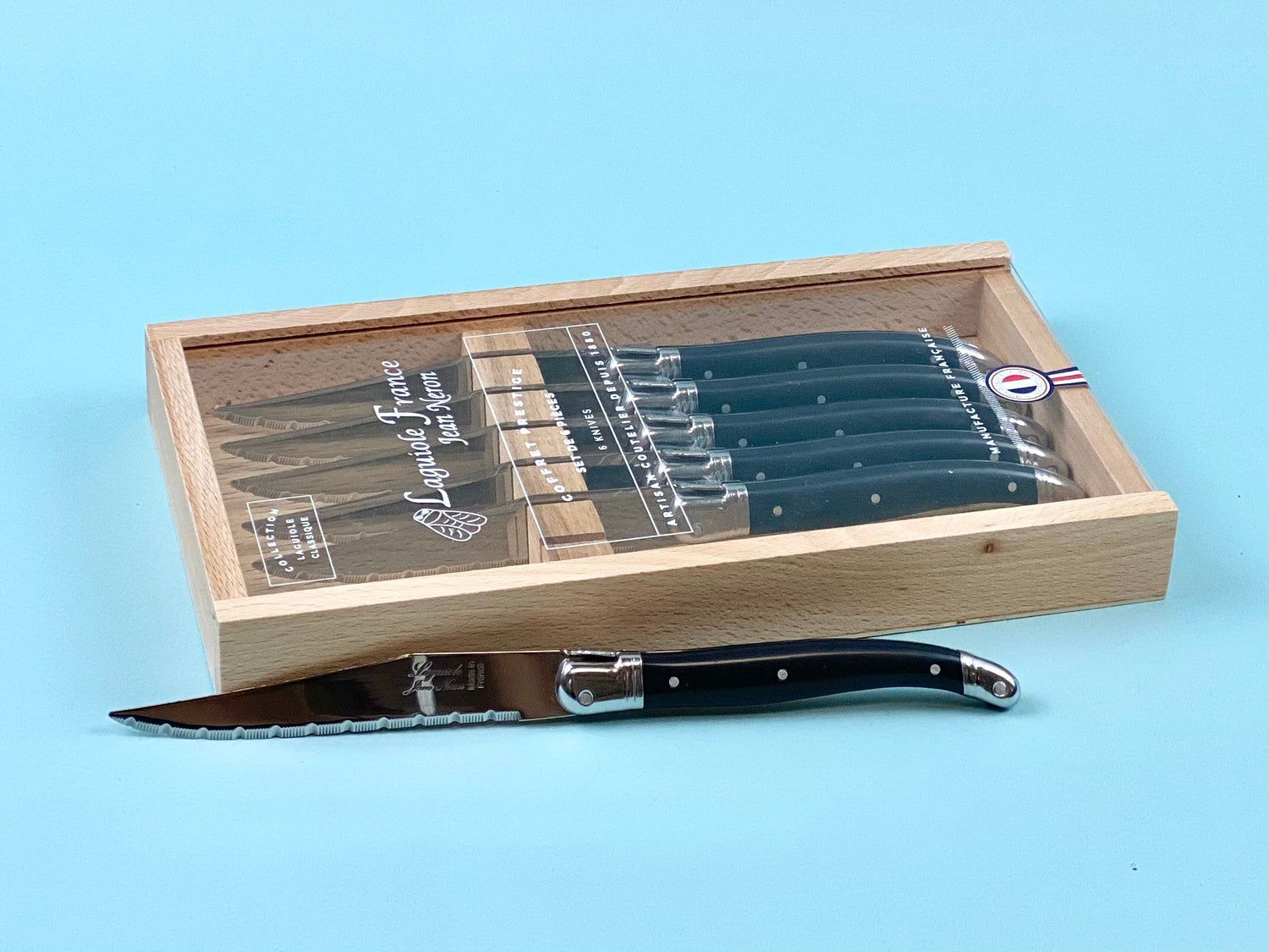 Laguiole 6 Piece Steak Knife Set, Platine Black in Wood Box with Acrylic Lid