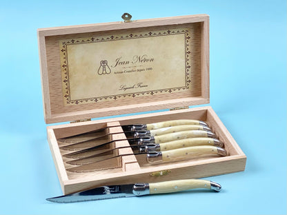 Laguiole 6 Piece Steak Knife Set, Pale Horn in Wood Presentation Box