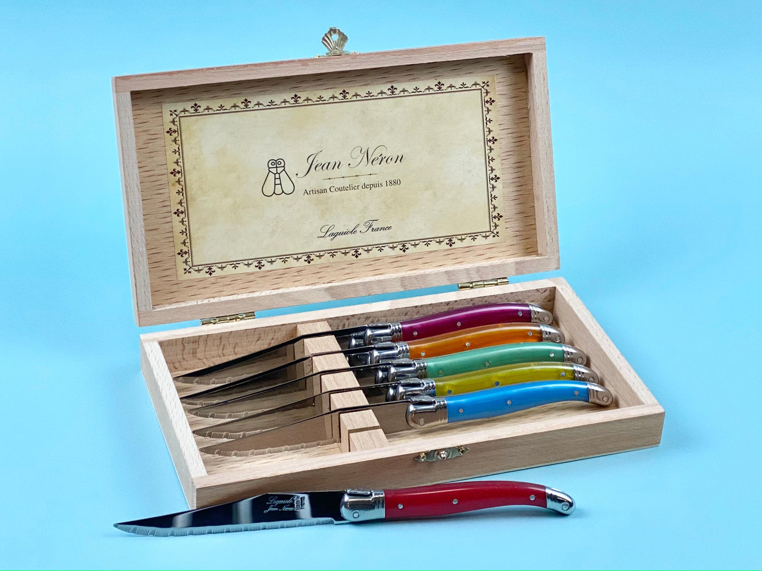 Laguiole 6 Piece Steak Knife Set, Rain bow in Wood Presentation Box