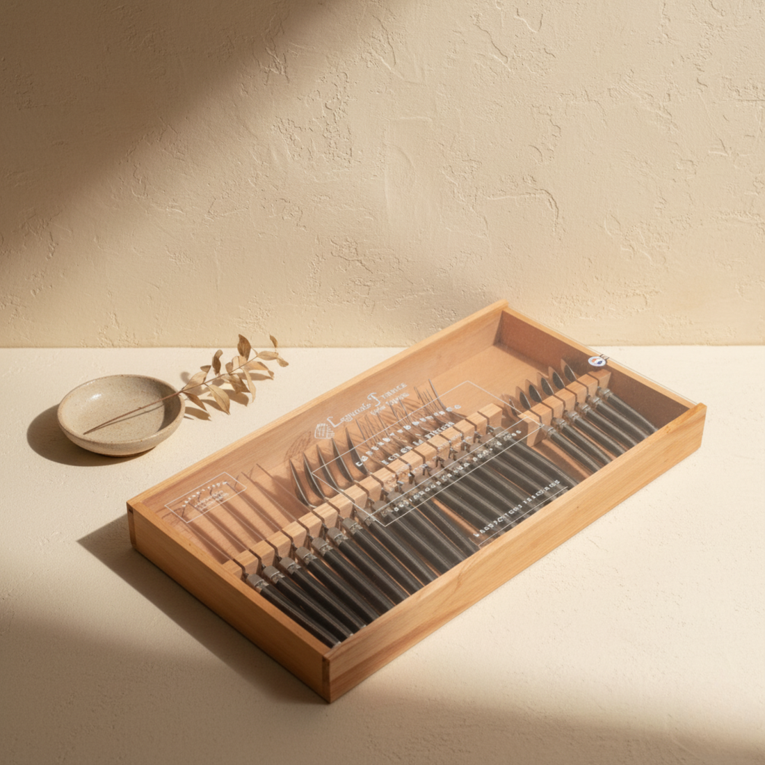 Laguiole 24 Piece Flatware Set, Platine Black in Wood Box with Acrylic Lid