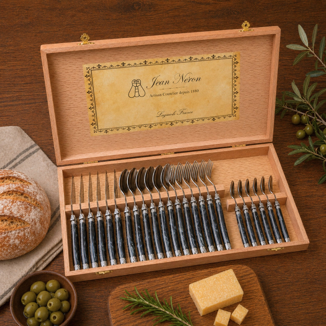 Laguiole 24 Piece Flatware Set, Platine Black Marble in Wood Presentation Box