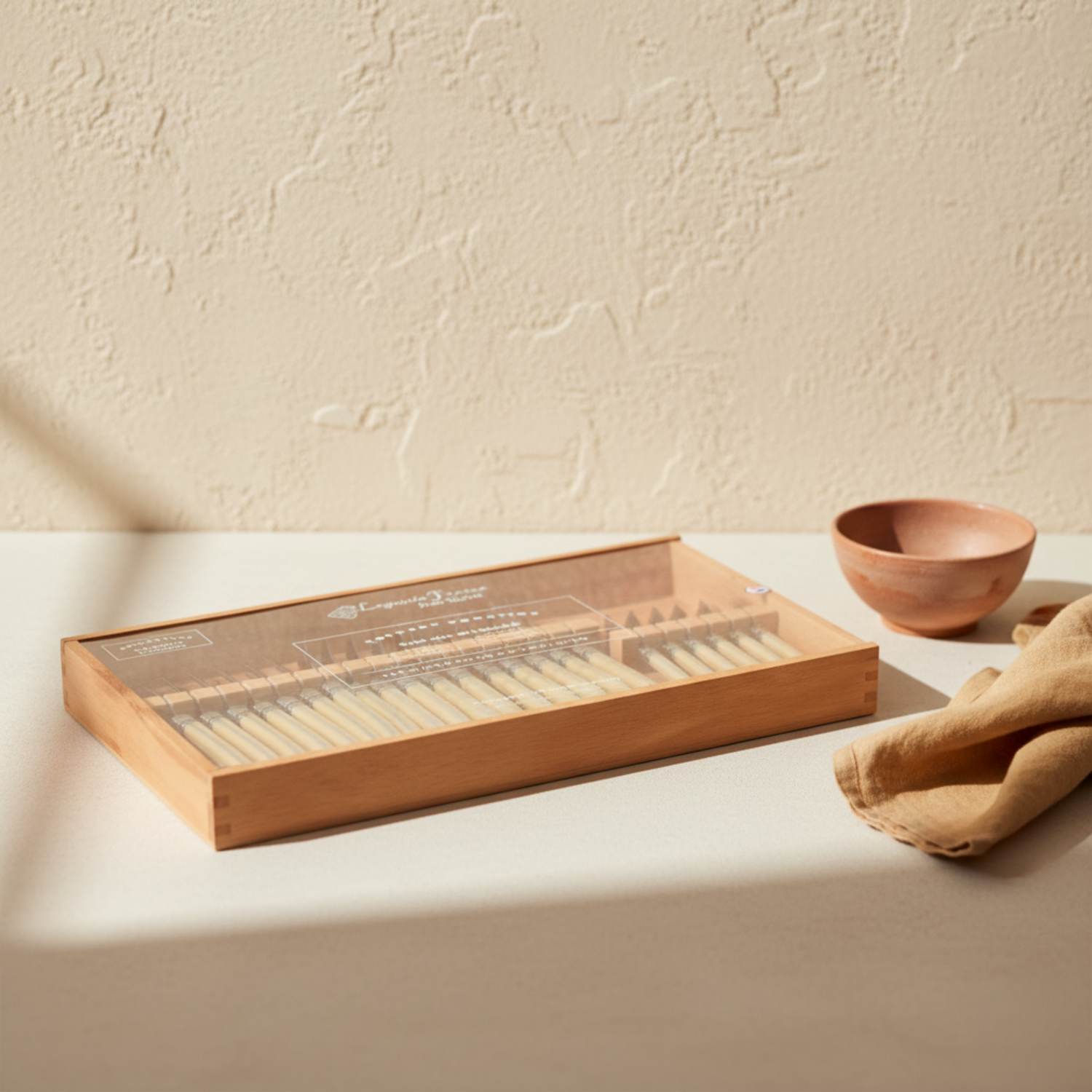 Laguiole 24 Piece Flatware Set, Platine Pale Horn in Wood Box with Acrylic Lid