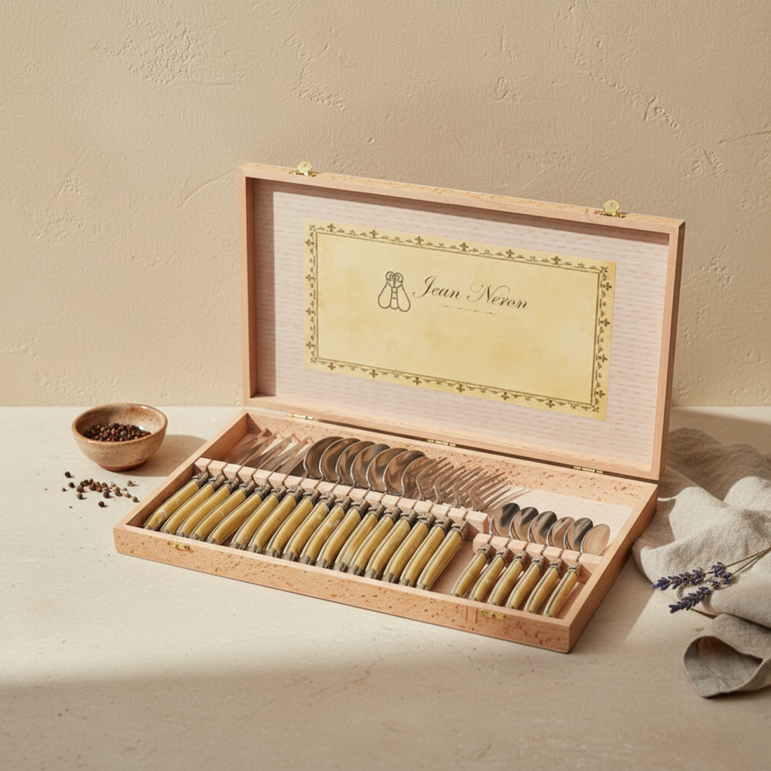 Laguiole 24 Piece Flatware Set, Platine Pale Horn in Wood Presentation Box