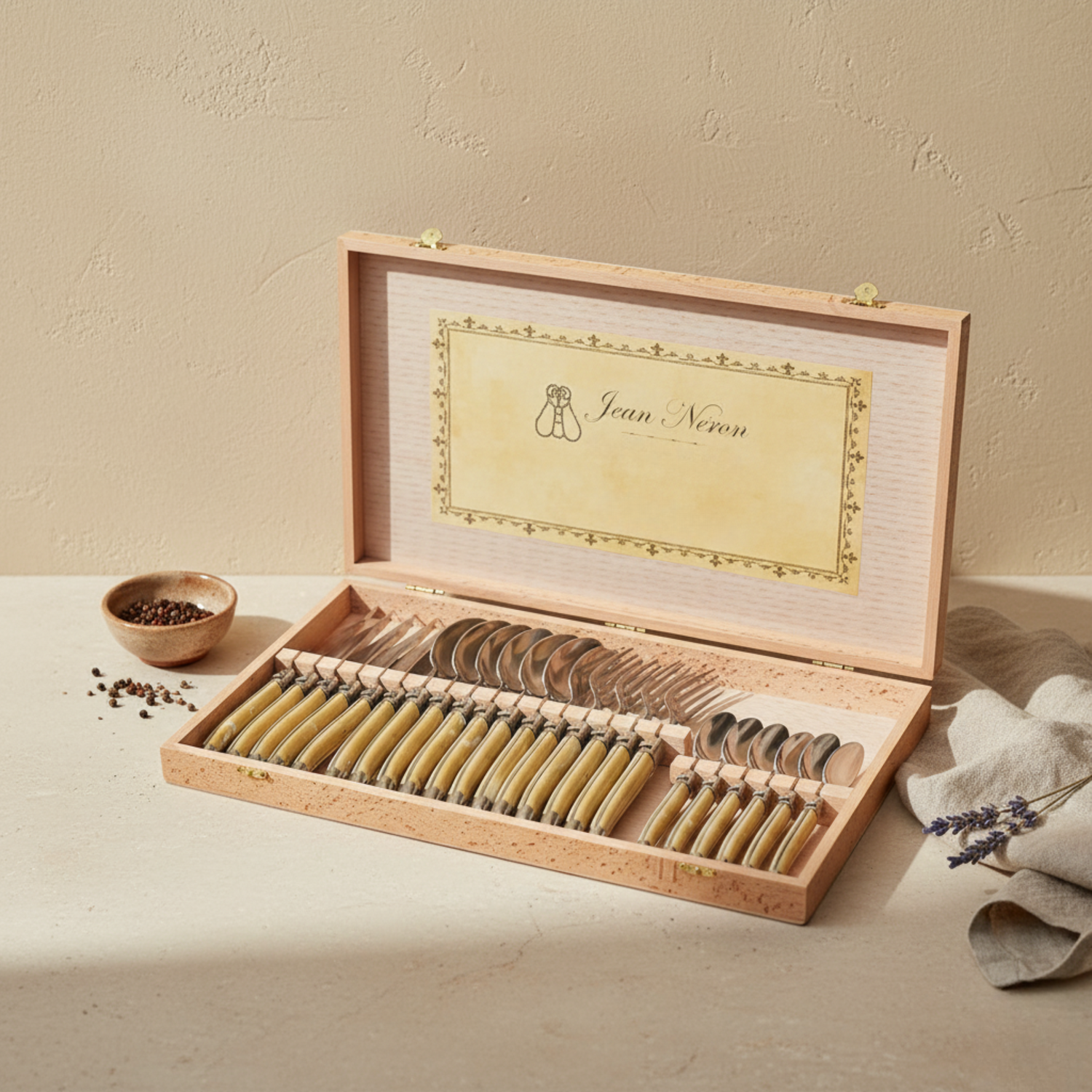 Laguiole 24 Piece Flatware Set, Platine Pale Horn in Wood Presentation Box