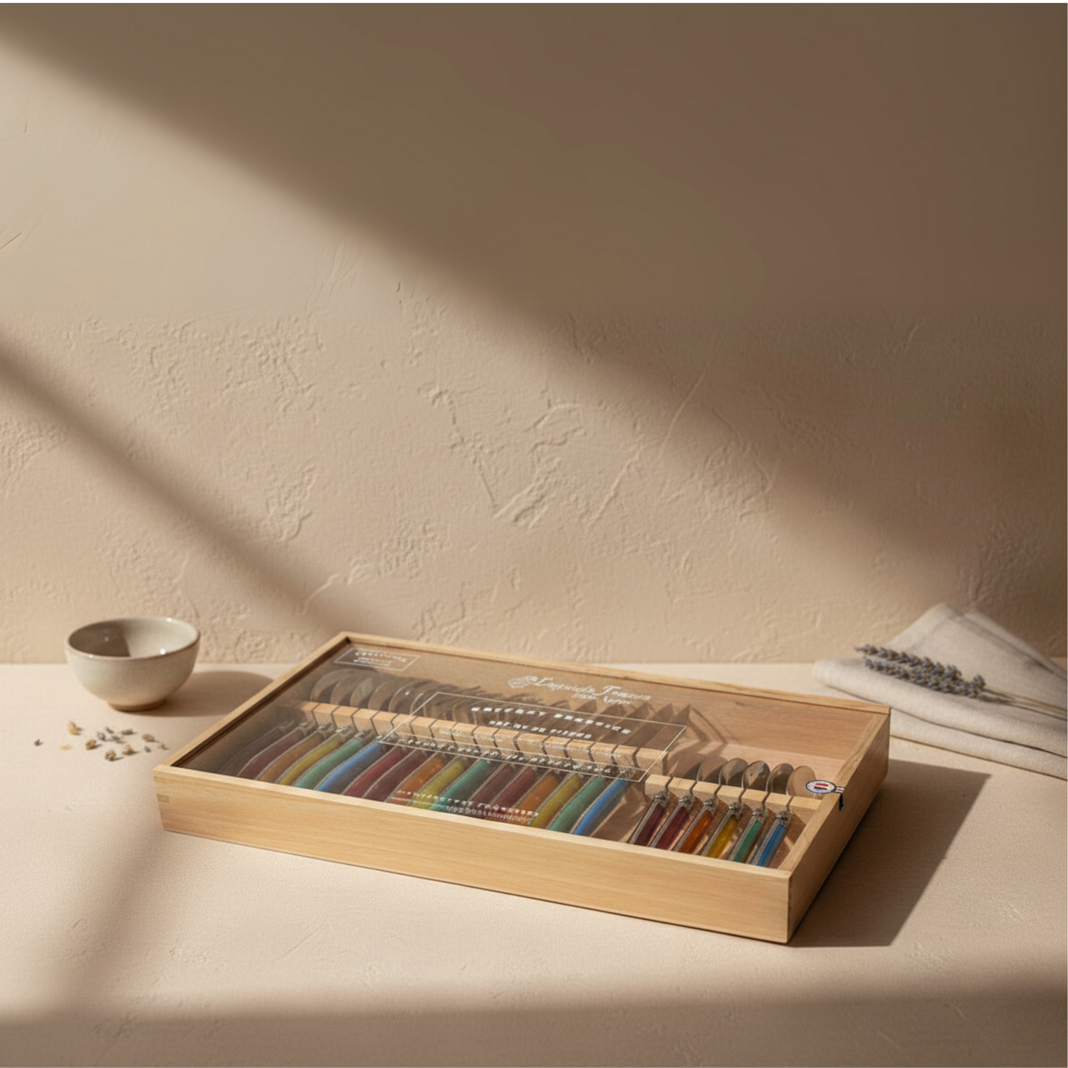 Laguiole 24 Piece Flatware Set, Platine Rainbow in Wood Box with Acrylic Lid