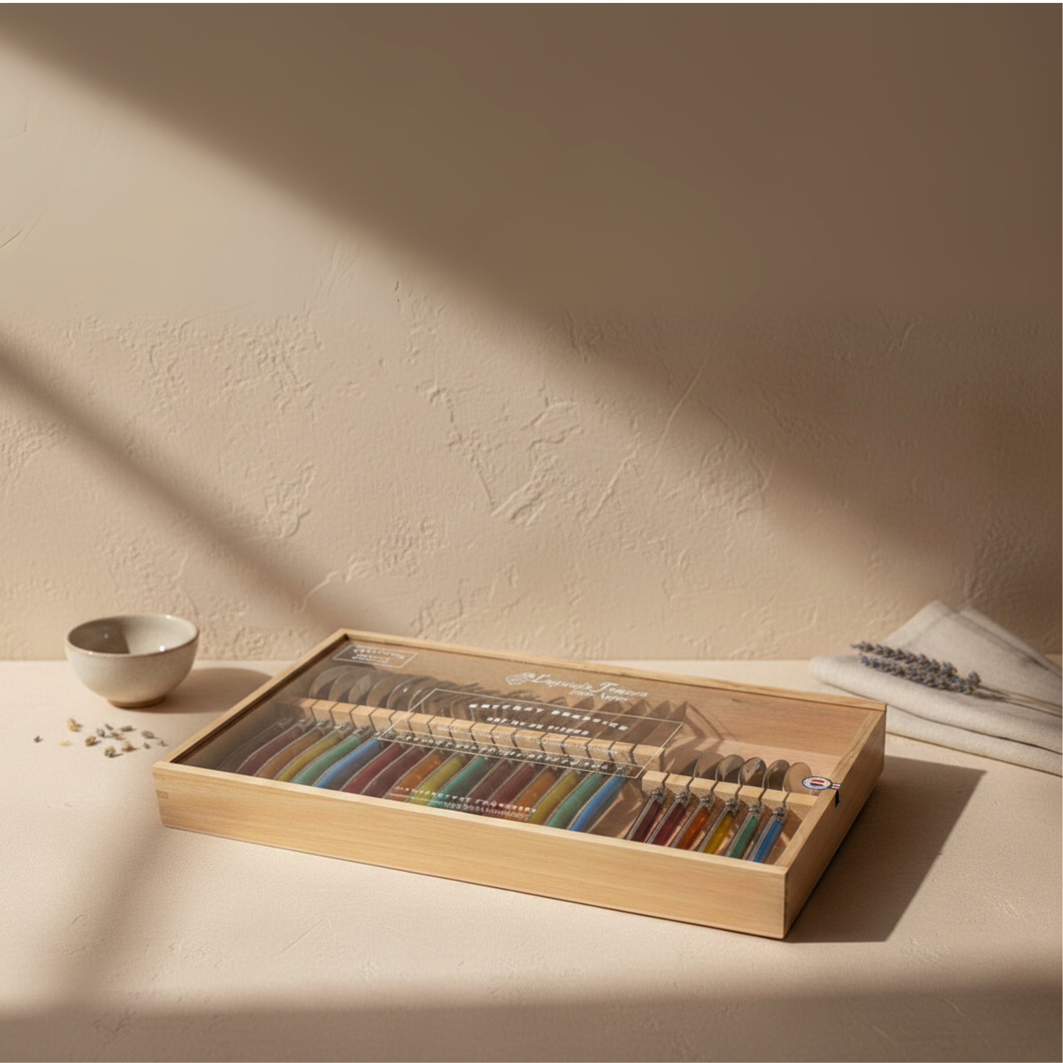 Laguiole 24 Piece Flatware Set, Platine Rainbow in Wood Box with Acrylic Lid