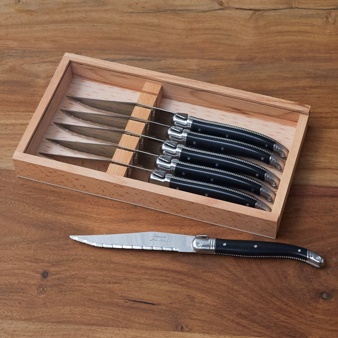 Laguiole 6 Piece Steak Knife Set, Platine Black in Wood Box with Acrylic Lid