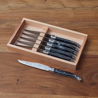 Laguiole 6 Piece Steak Knife Set, Platine Black Marble in Wood Box with Acrylic Lid