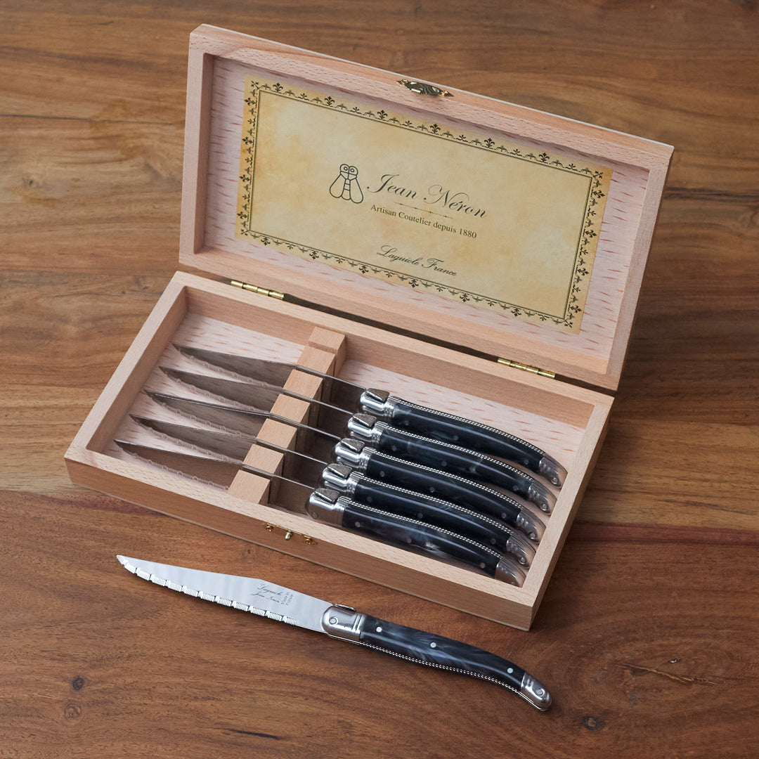 Laguiole 6 Piece Steak Knife Set, Platine Black Marble in Wood Presentation Box