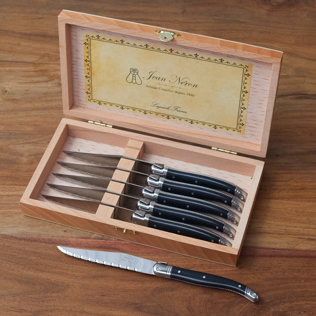 Laguiole 6 Piece Steak Knife Set, Platine Black in Wood Presentation Box