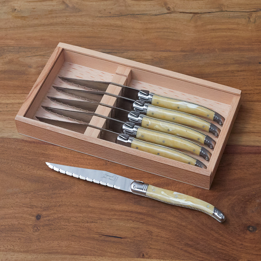 Laguiole 6 Piece Steak Knife Set, Platine Pale Horn in Wood Box with Acrylic Lid