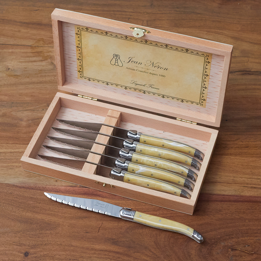 Laguiole 6 Piece Steak Knife Set, Platine Pale Horn in Wood Presentation Box
