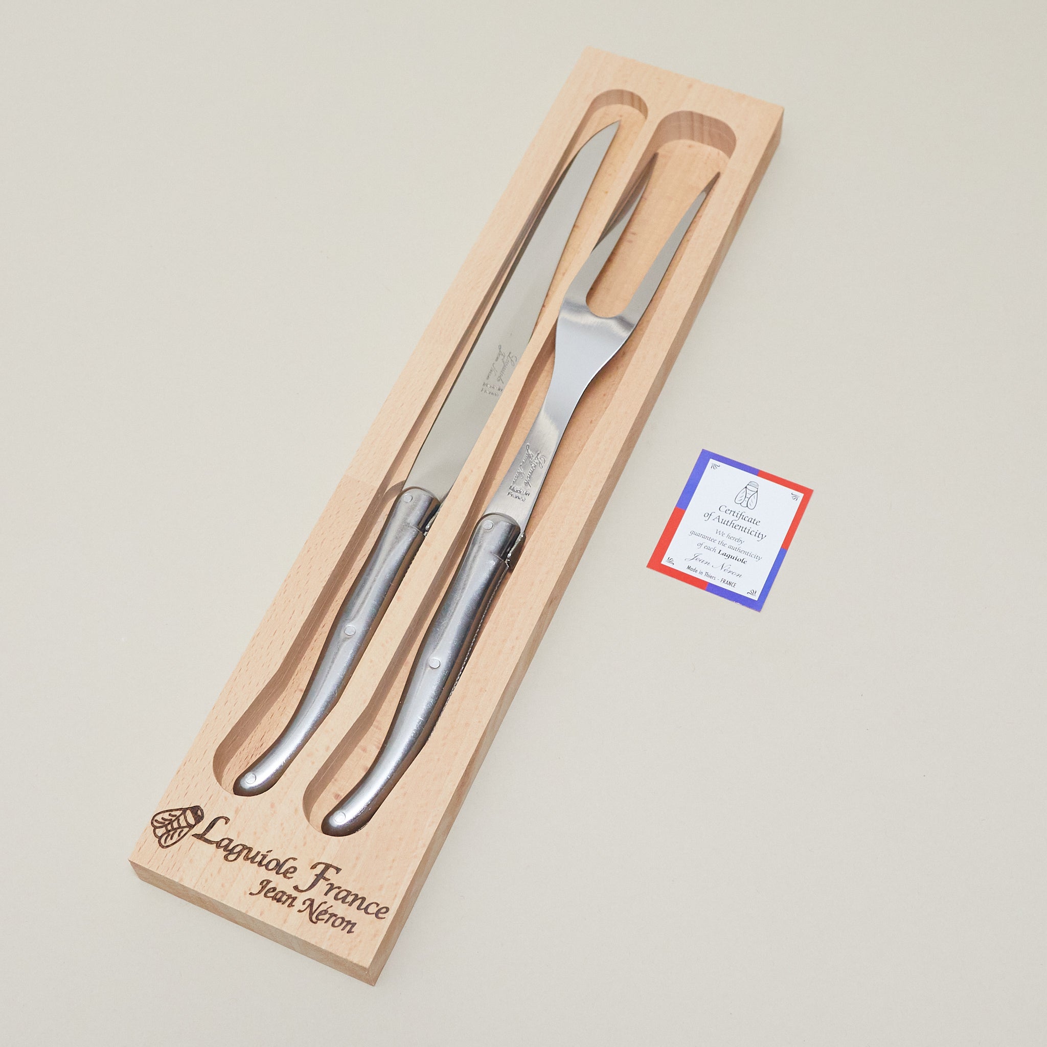 Laguiole Platine Carving Set Stainless Steel in wood box 23547P