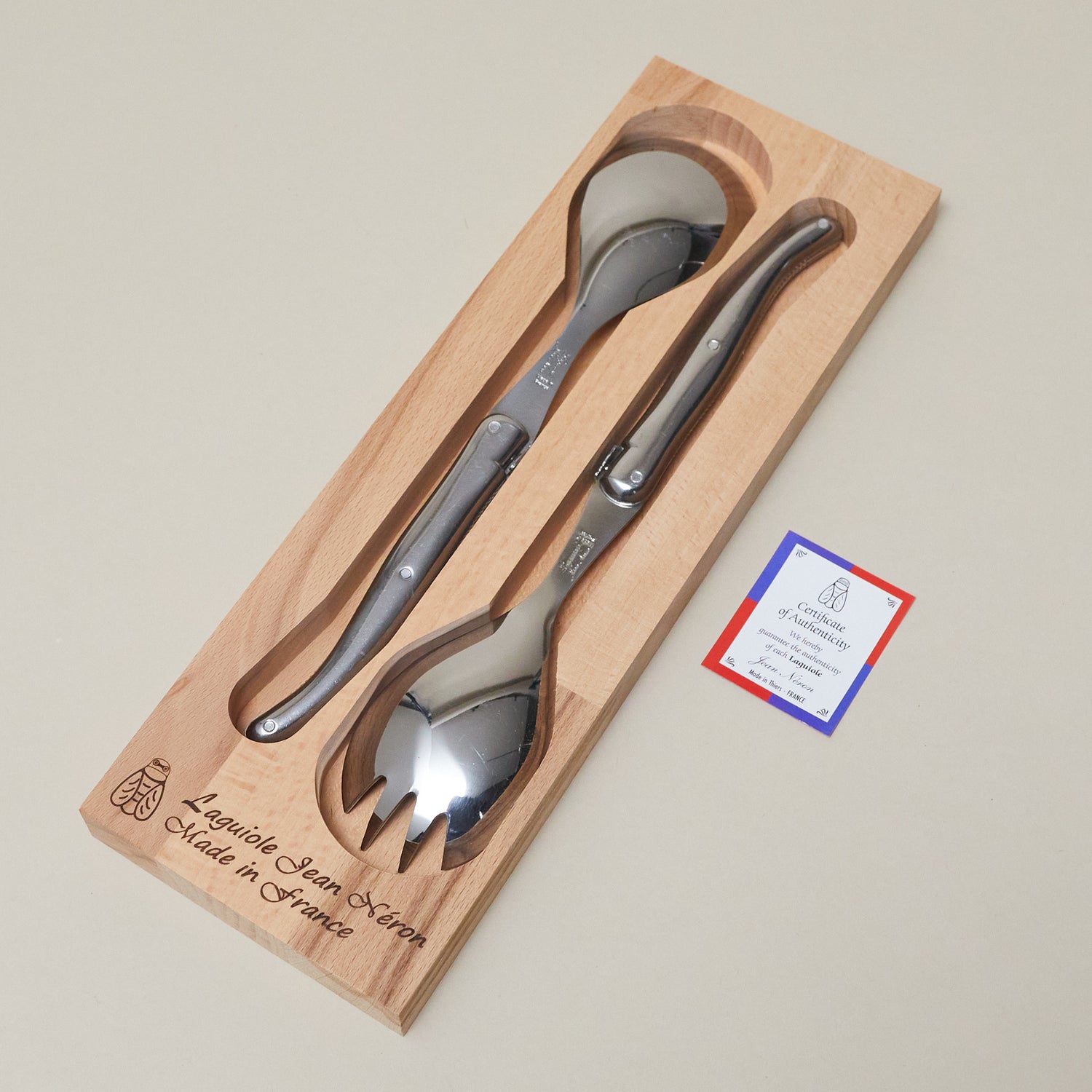 Laguiole Platine Salad Set - Stainless Steel in wood box