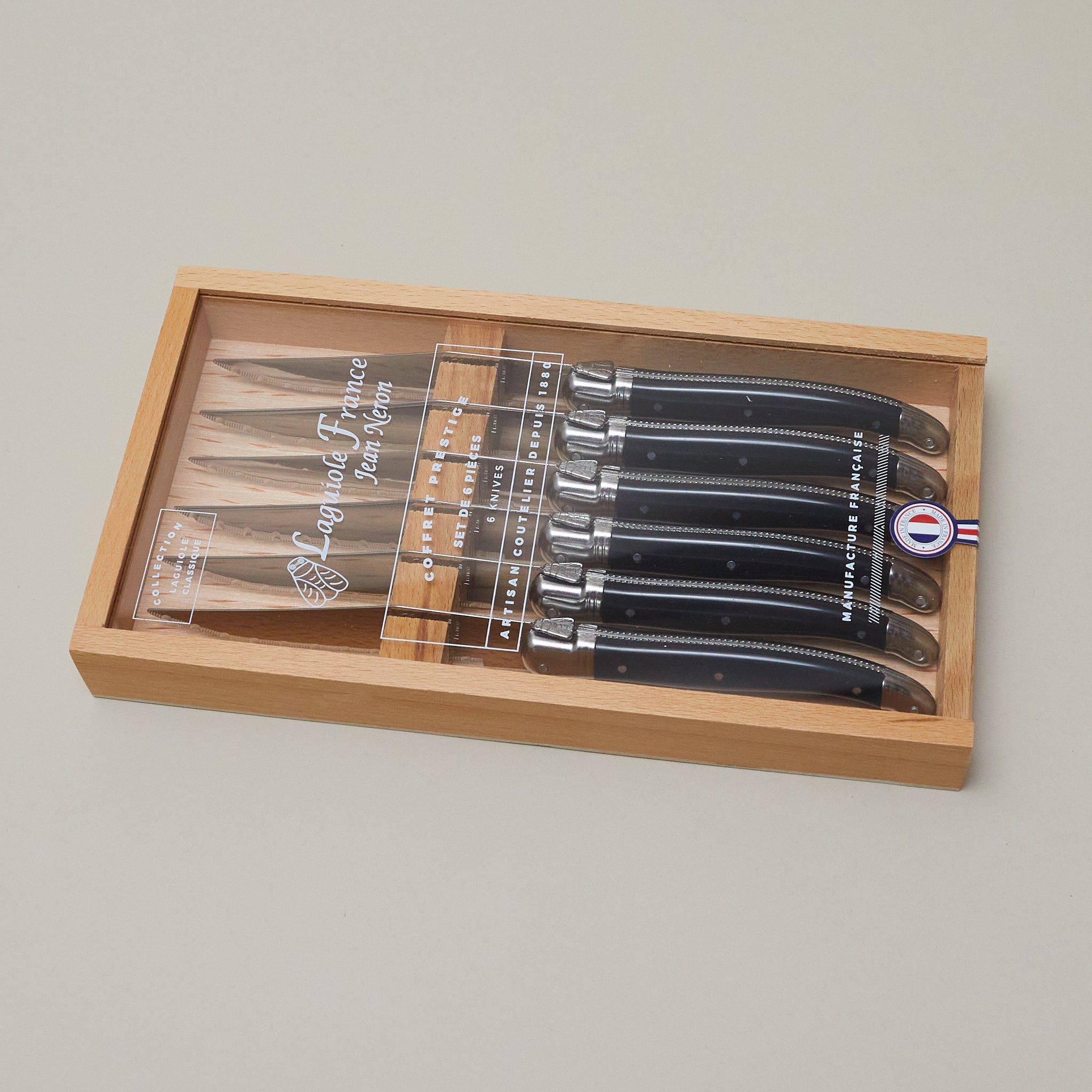 Laguiole 6 Piece Steak Knife Set, Platine Black in Wood Box with Acrylic Lid