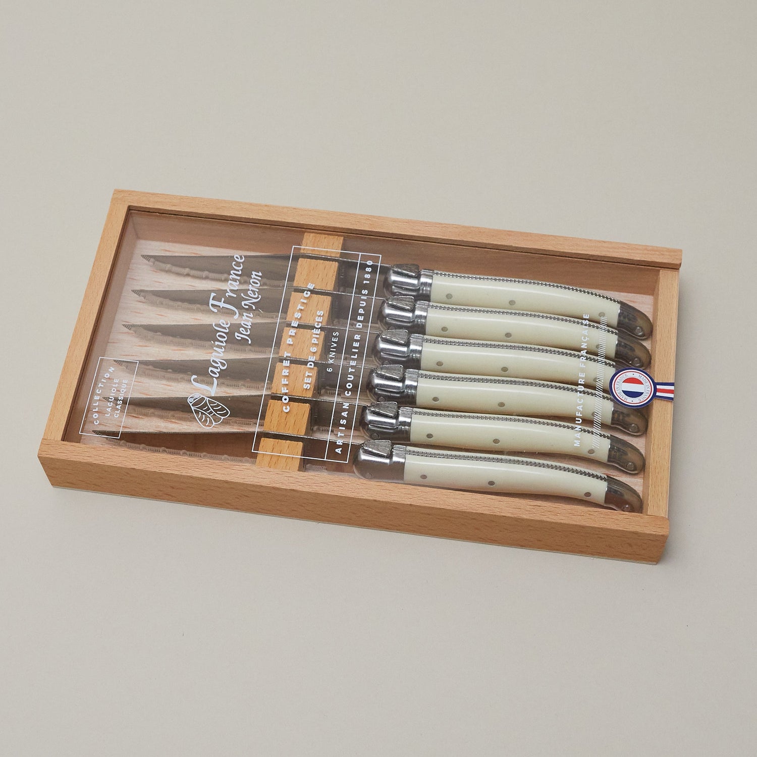 Laguiole 6 Piece Steak Knife Set, Platine Ivory in Wood Box with Acrylic Lid