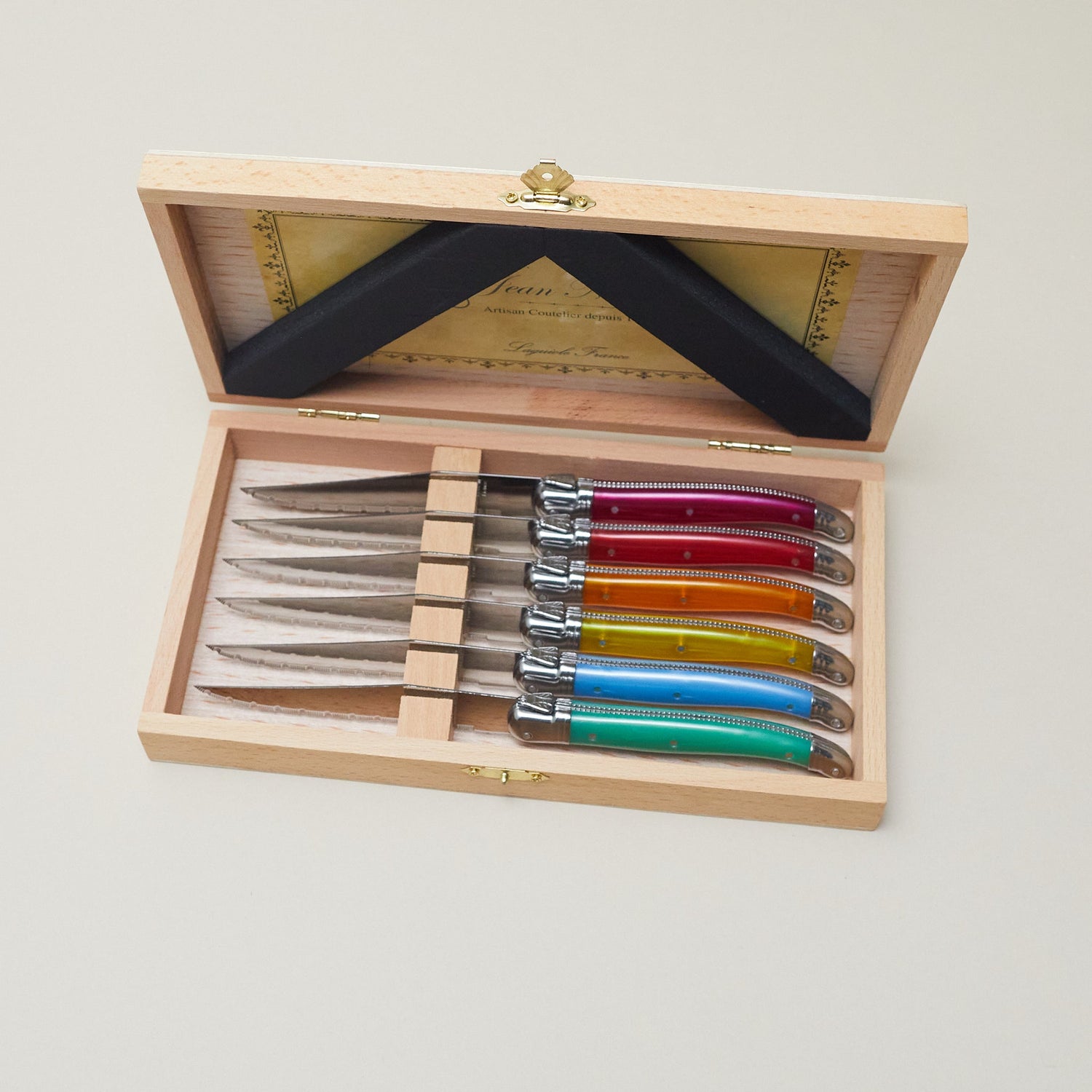 Laguiole 6 Piece Steak Knife Set, Platine Rainbow in Wood Presenation Box