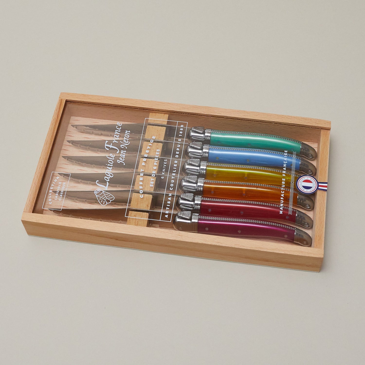 Laguiole 6 Piece Steak Knife Set, Platine Rainbow in Wood Box with Acrylic Lid