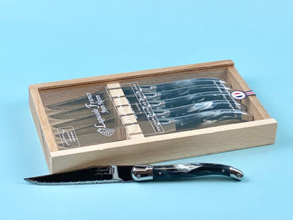 Laguiole 6 Piece Steak Knife Set, Platine Black Marble in Wood Box with Acrylic Lid