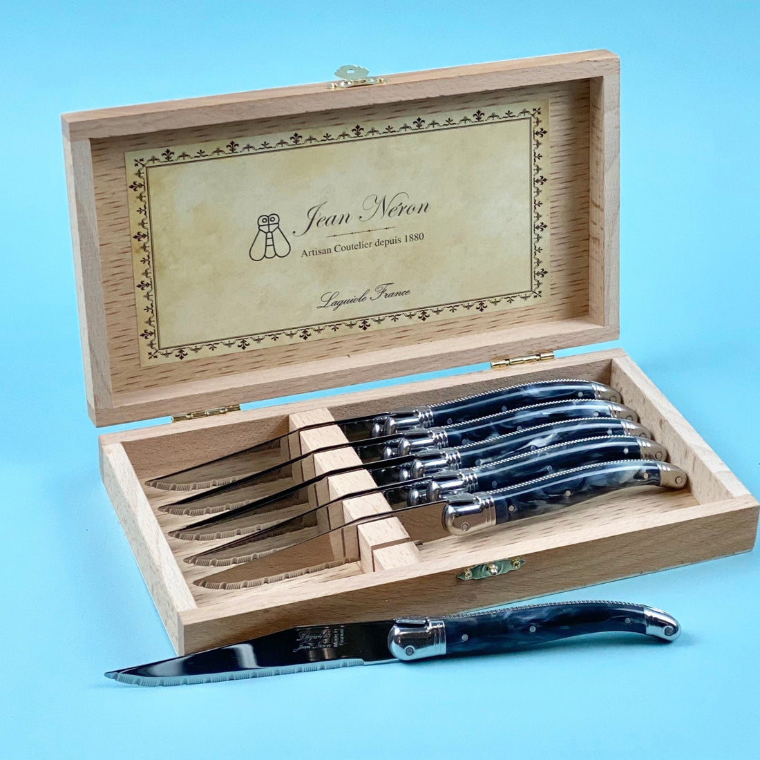 Laguiole 6 Piece Steak Knife Set, Platine Black Marble in Wood Presentation Box