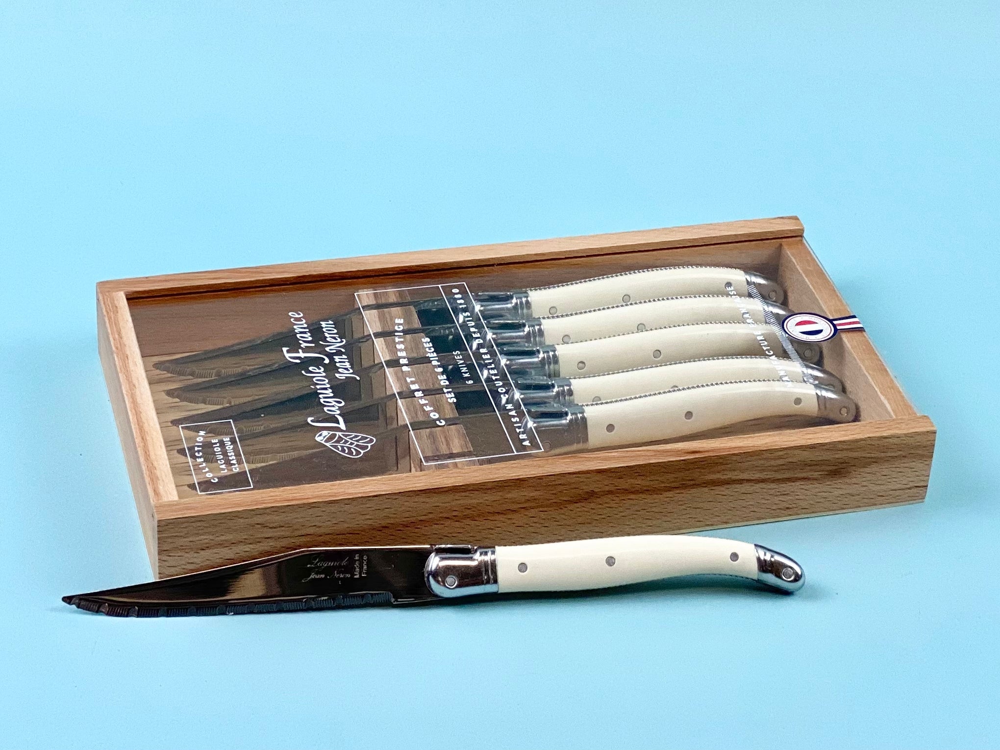 Laguiole 6 Piece Steak Knife Set, Platine Ivory in Wood Box with Acrylic Lid