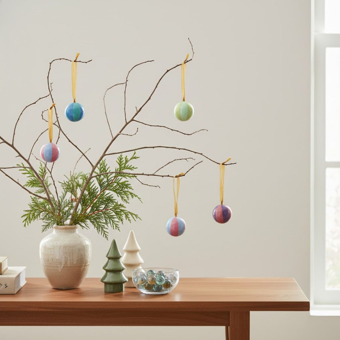 Glossy Stripe Paper Mache Mini Ornaments, Set of 10