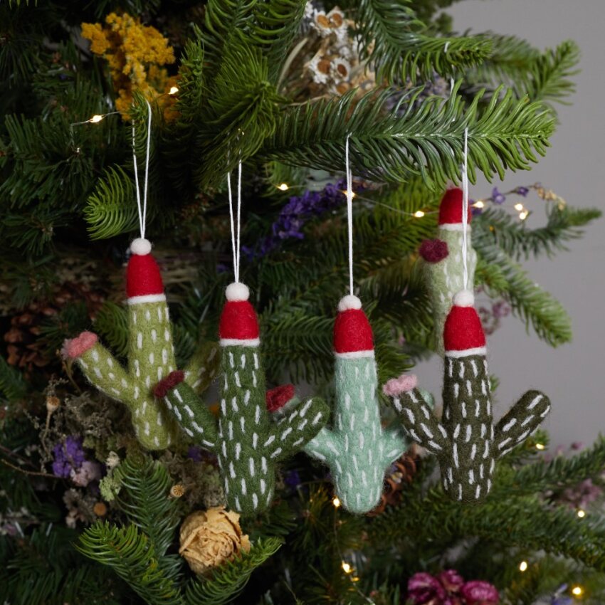 Christmas Cactus Felt Ornaments, Set of 5