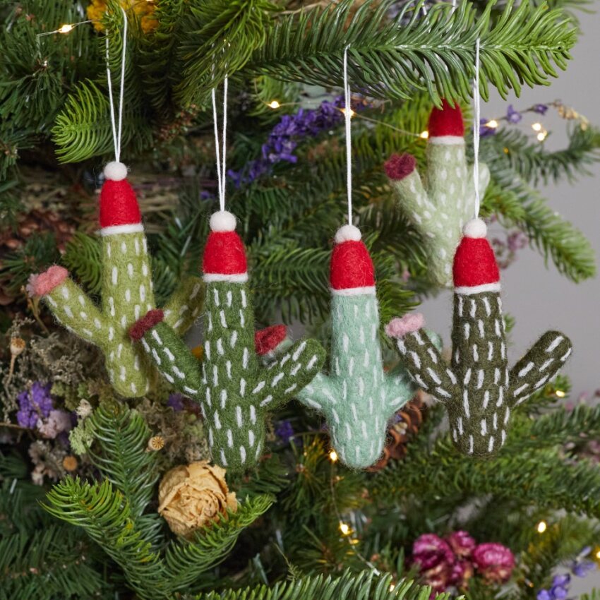 Christmas Cactus Felt Ornaments, Set of 5