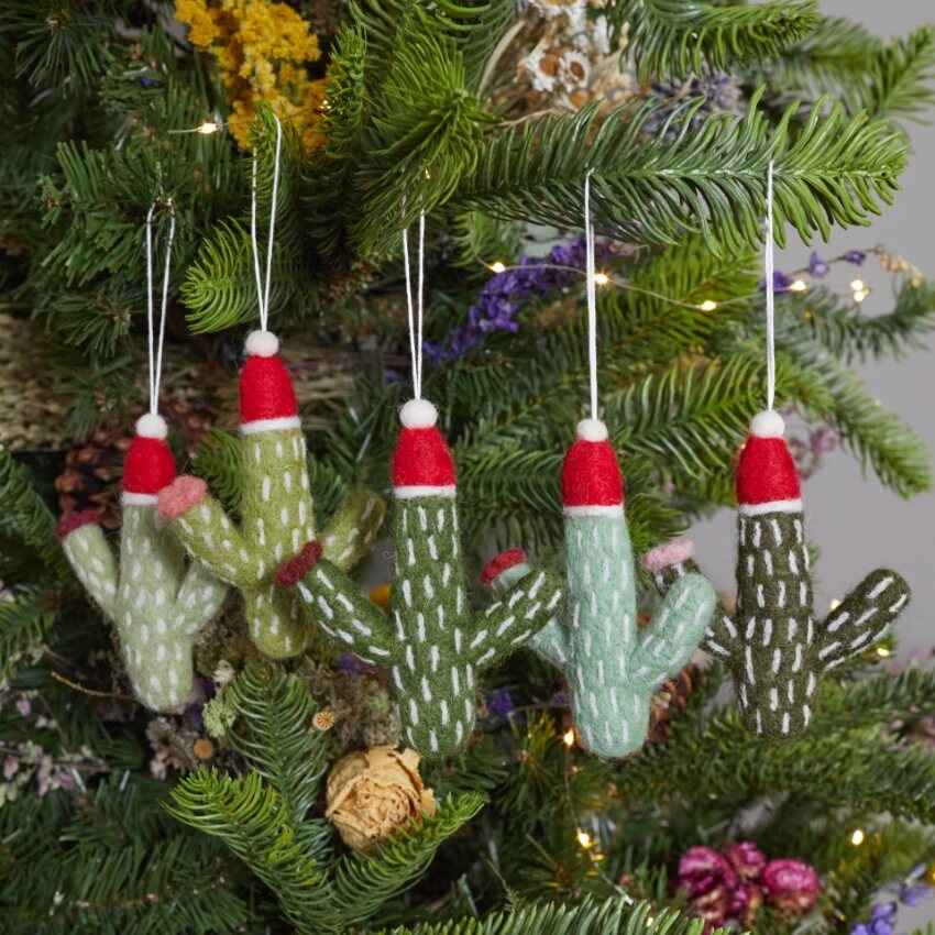 Christmas Cactus Felt Ornaments, Set of 5