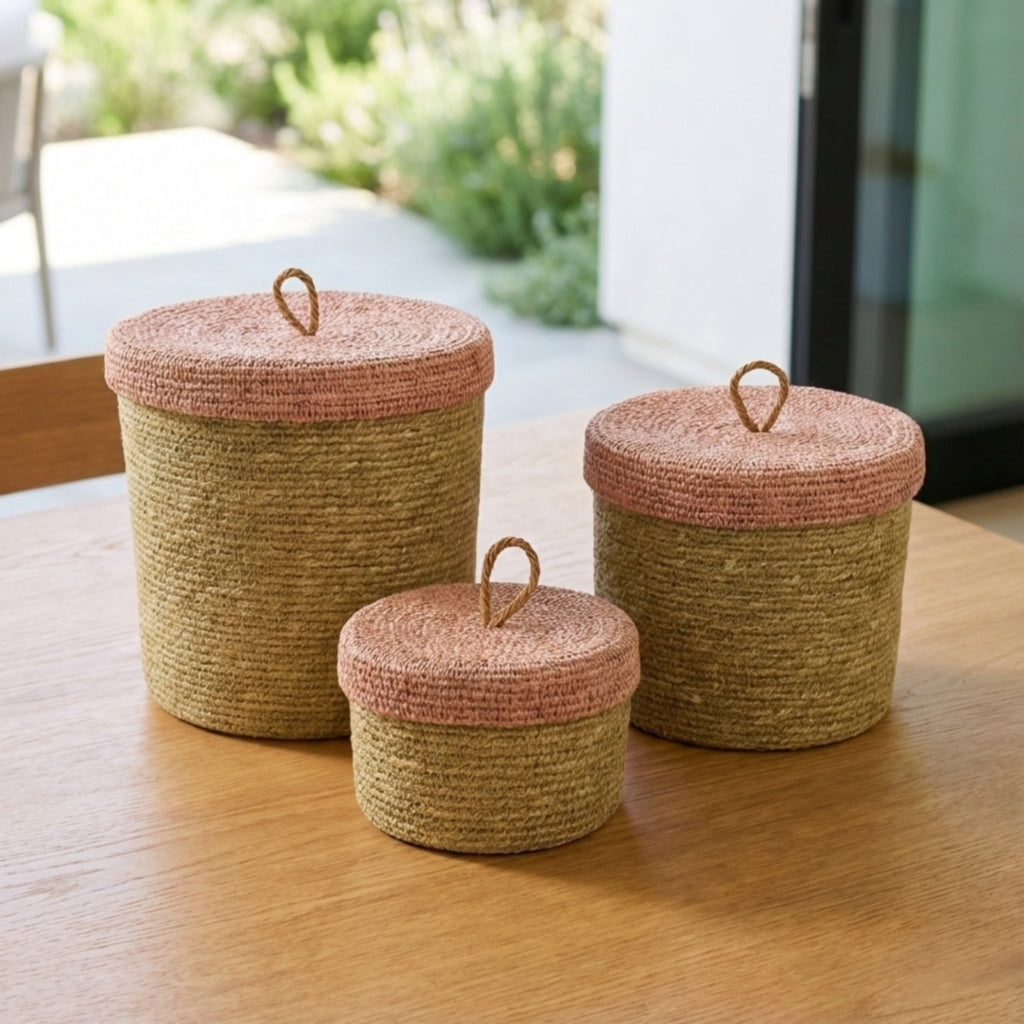 Hydra Woven Seagrass Nesting Canisters Set of 3, Rose