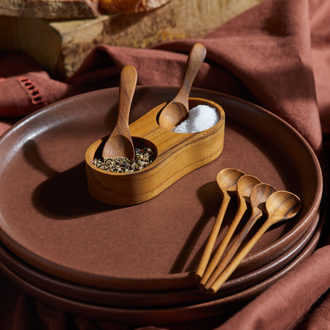 Teak Salt &amp; Pepper Cellar with Spoons