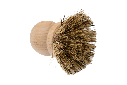 Wooden dish brush with natural bristles.