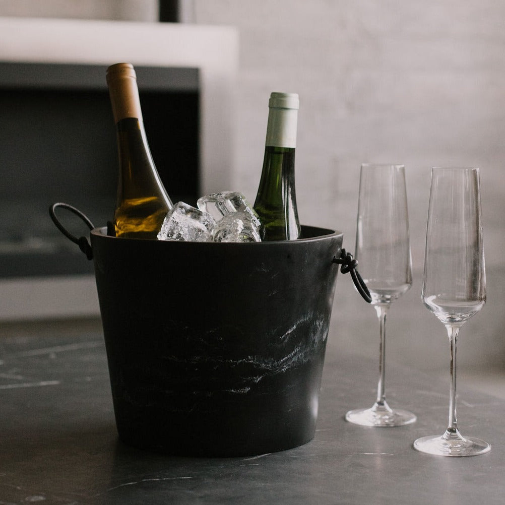 Handmade Resin Champagne Bucket with Leather Handles, Black Marble