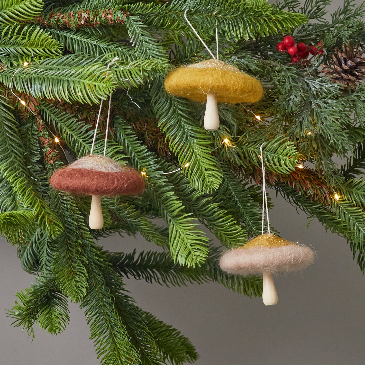 Wool and Wood Mushroom Ornaments, Set of 3