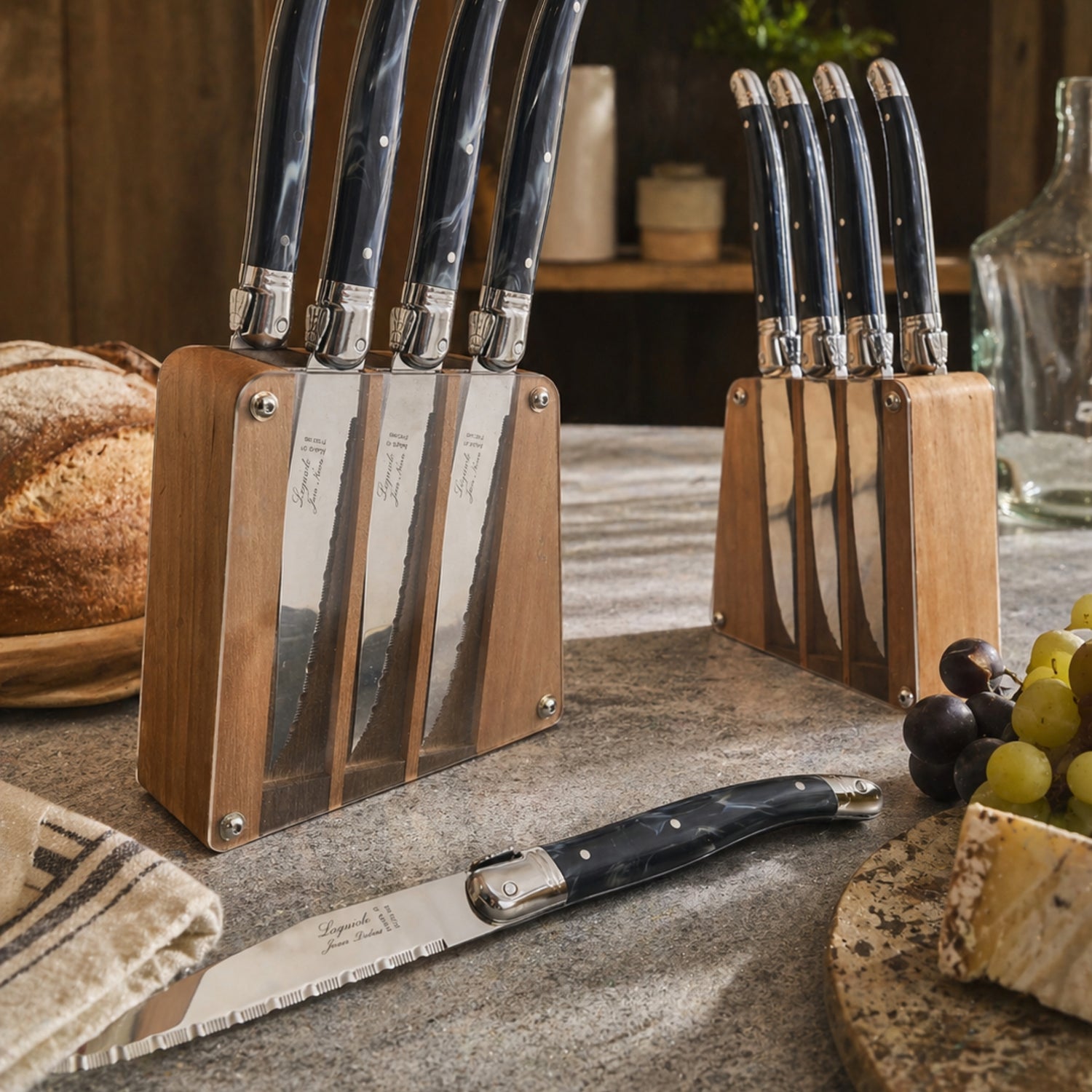 Laguiole 6 Piece Steak Knife Set, Black Marble in Acrylic Block