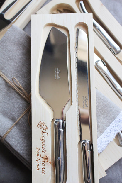 Laguiole Platine Cake &amp; Bread Set All stainless Wooden Box