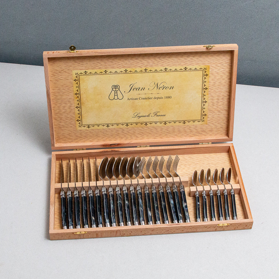 Laguiole 24 Piece Flatware Set, Black Marble in Wood Presentation Box