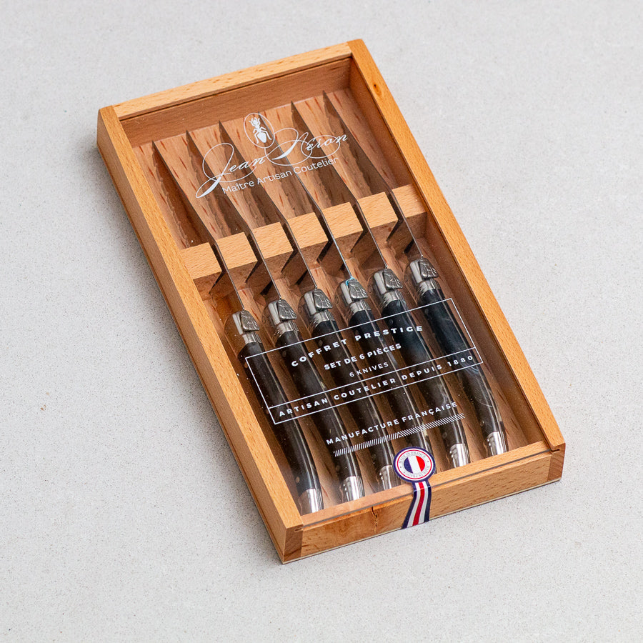 Laguiole 6 Piece Steak Knife Set, Black Marble in Wood Box with Acrylic Lid