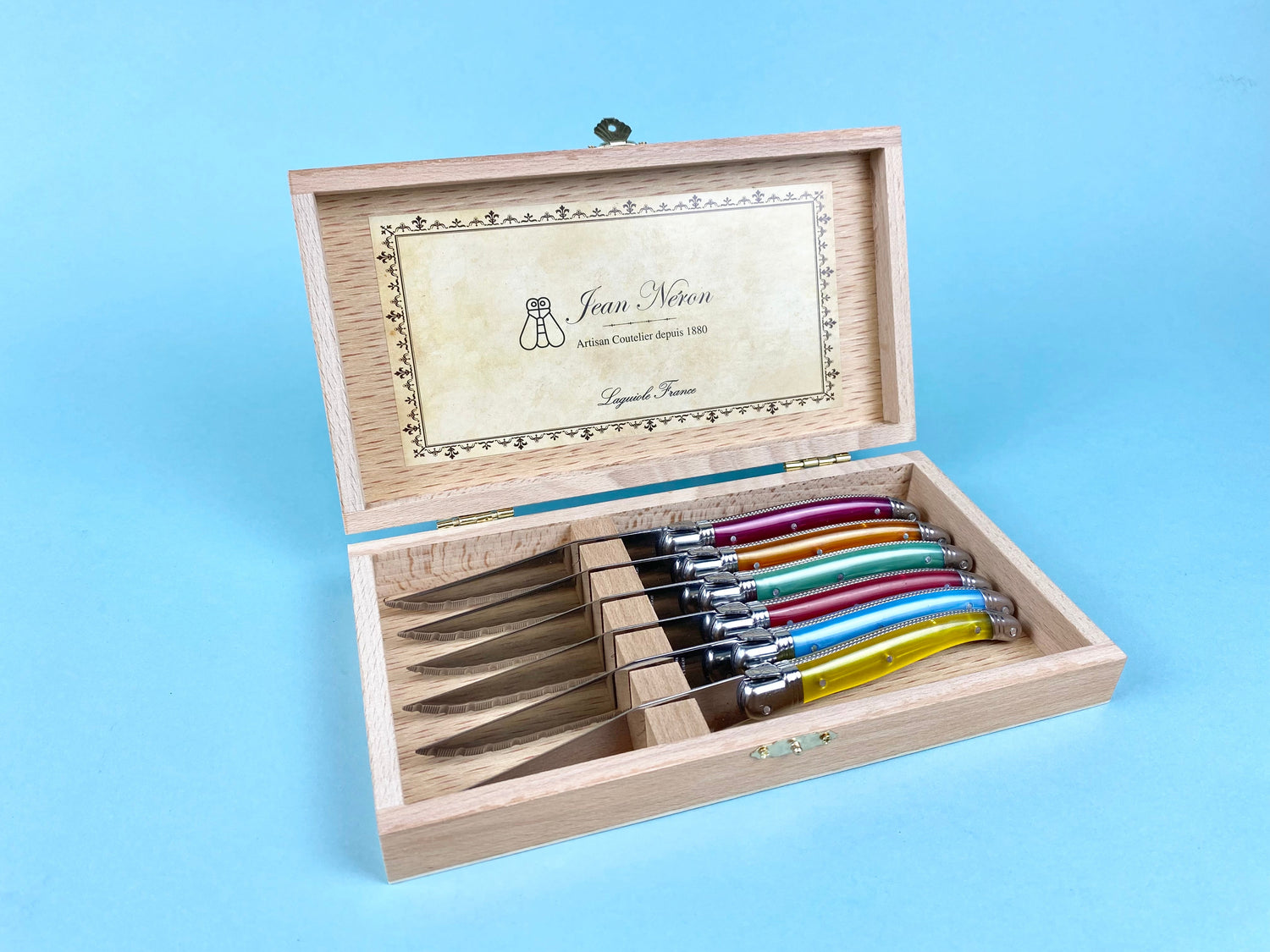 Laguiole 6 Piece Steak Knife Set, Platine Rainbow in Wood Presenation Box