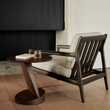 Oblic Side Table, Varnished Teak, Brown, Round